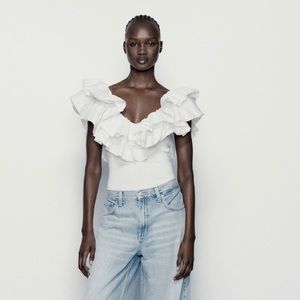 zara white ruffle bodysuit